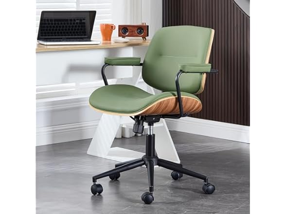 BV Mid Century Modern Office Chair Set of 1, Swivel Rolling Deak Chair with Armrests and Walnut Back, Adjustable Desk Chair for Home Office, Green (Open Box)