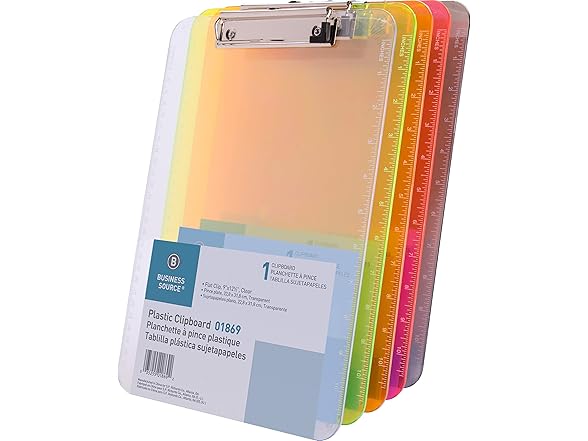 Business Source Neon Pink Transparent Plastic Clipboard