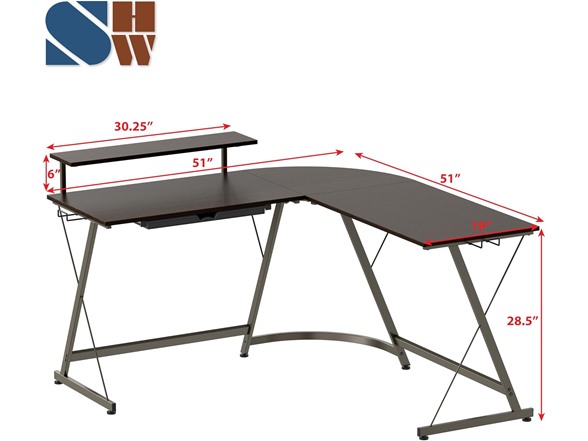SHW L-Shaped Corner Desk w/Monitor Stand and Drawer - Gallery 4