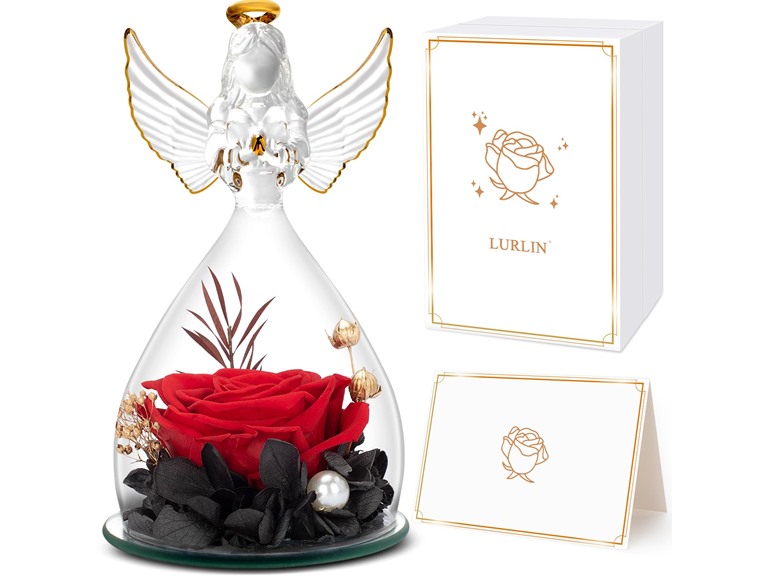 LURLIN Birthday Day Rose Gifts for Women, Preserved Flowers Rose Gift for Mom,Glass Angel Figurines with Forever Rose for Grandma Wife Friend Teacher, Nurse, Anniversary Day Girls Gift for Her