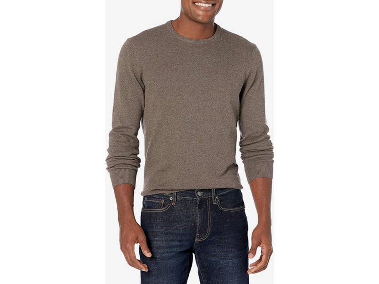 Amazon Essentials Men's Long-Sleeve Crewneck Sweater, 100% Cotton, Big & Tall Options Available, Brown Heather, Small