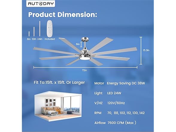Autoday Ceiling Fan with Light | 72in