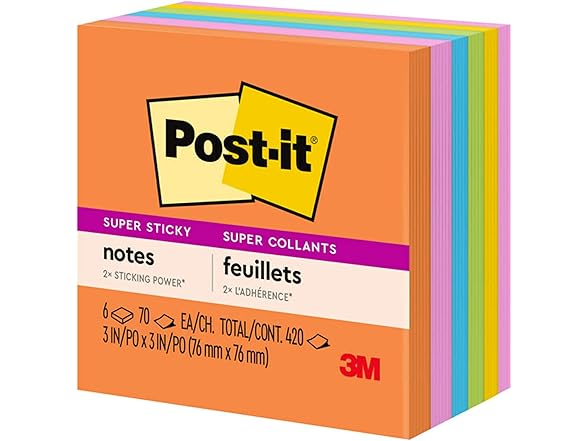 Post-it Super Sticky Notes, 3x3 in, 6 Pads