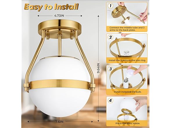 Lakumu Globe Semi Flush Mount Ceiling Light, Gold