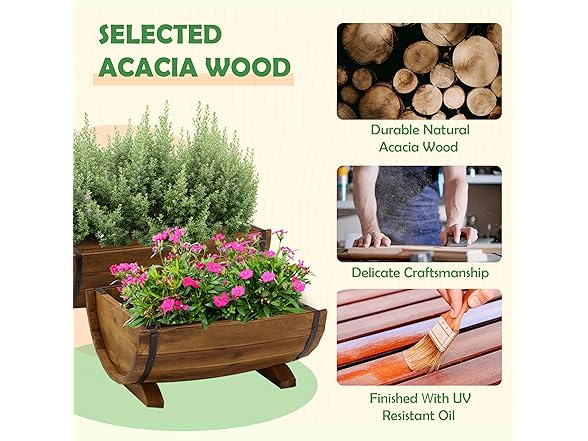 IDZO Solid Acacia Wood Half Barrel Planters, Set of 2