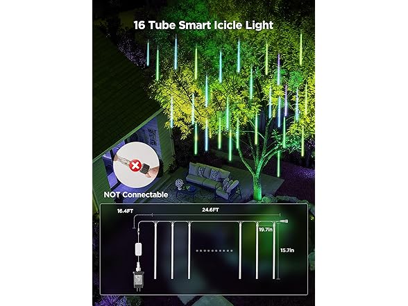 Brightown Smart Meteor Shower Lights Outdoor, 16Tube 256LED 24.6ft
