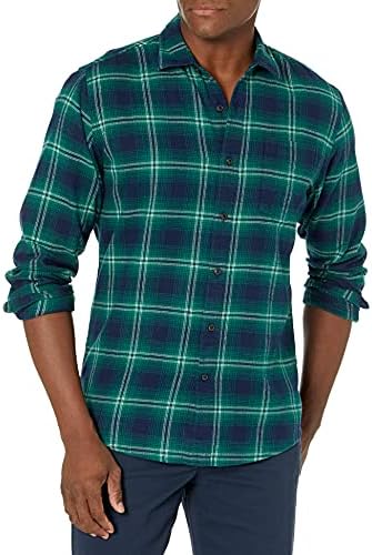 Amazon Essentials Men's Long-Sleeve Flannel Shirt (Available in Big & Tall), Green Navy Ombre Plaid, X-Small