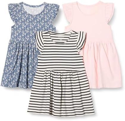 Amazon Essentials Girls' Ruffle Jersey Dress, Pack of 3, Pale Pink/French Stripe/Floral, X-Large