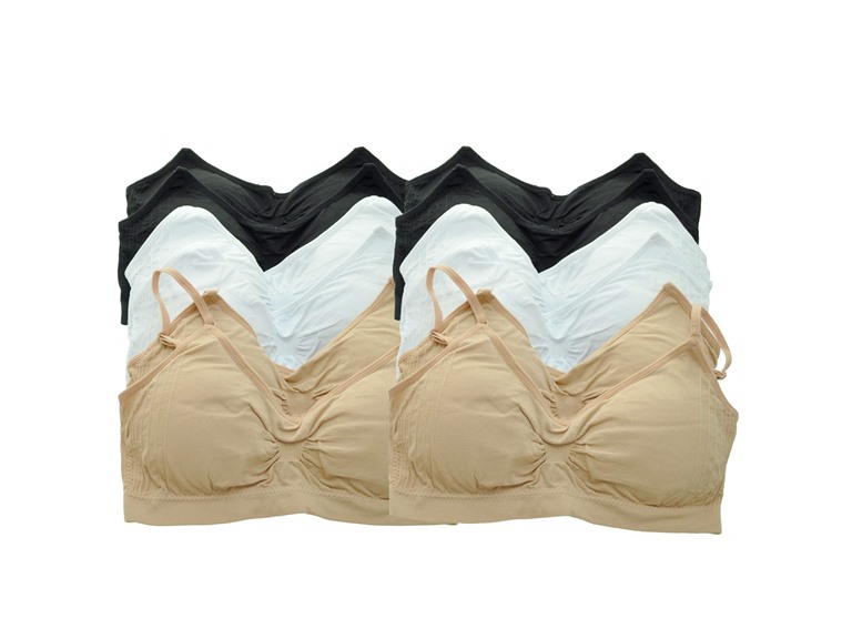 Angelina B6097_BWB_6_OS One Size Fits Most Angelina Seamless Wireless Bralette with Removable Pads (6-Pack) Black, White, and Beige (6 Pack)