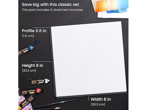 ARTEZA Stretched Canvas, 8 x 8 Inches, Pack of 12