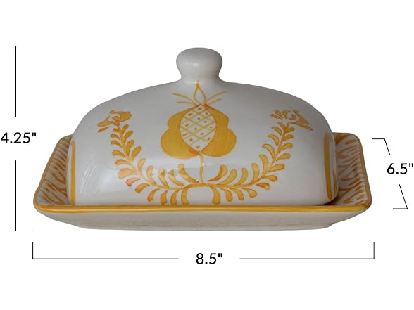 Creative Co-Op Stoneware Butter Dish with Botanical Design, Yellow and White