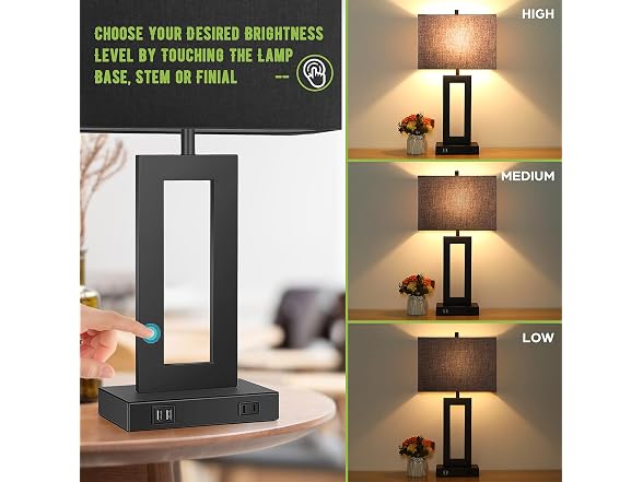 Set of 2 Touch Control Table Lamps with 2 USB Ports & AC Outlet, 3-Way Dimmable