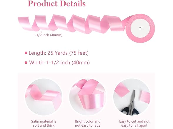 SUTOUG Pink Satin Ribbon 1 1/2 Inch x 2 Rolls