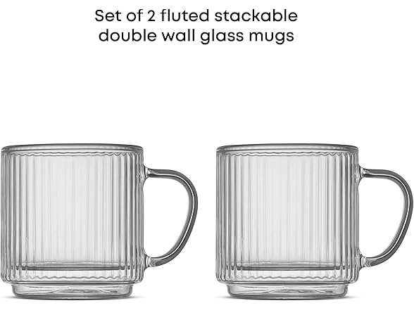 JoyJolt Haven Stackable Fluted Glass Mugs Set of 2