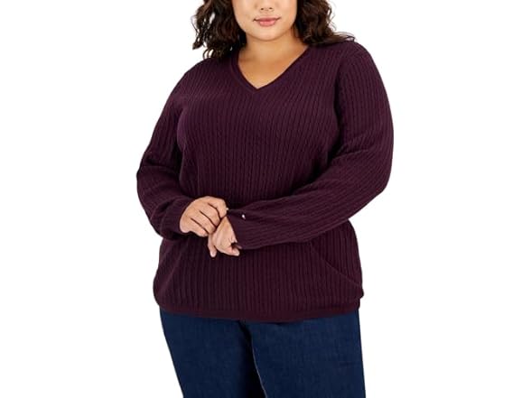 Tommy Hilfiger Womens VNeck Sweater Aubergine (0X)