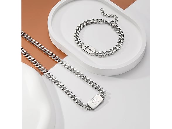 men's silver initial necklace bracelet