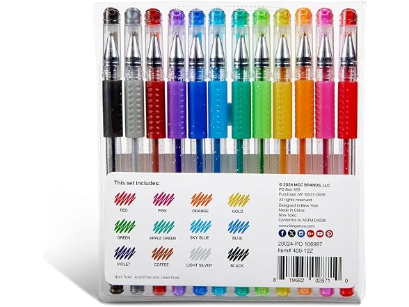 KINGART 400-12 Comfort Grip Gel Pens, Set of 12