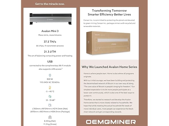 Canaan Avalon Mini 3 BTC Miner 37.5TH