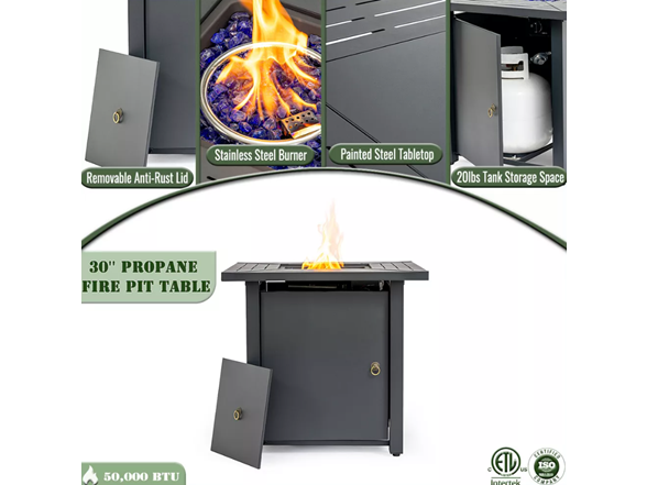 30" Sq Black Steel Fire Table – 50k BTU