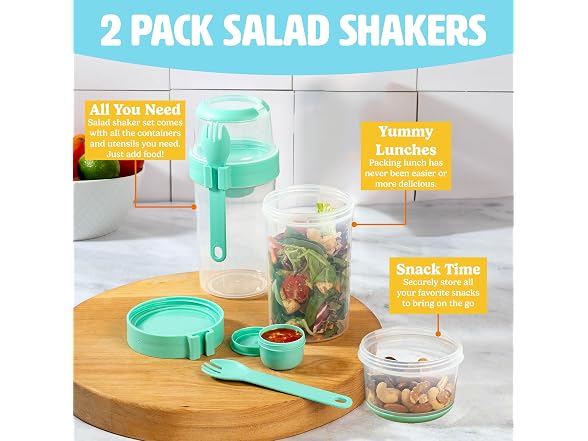 Tasty Salad Shakers with Sporks, 2-Pack Set, Aqua