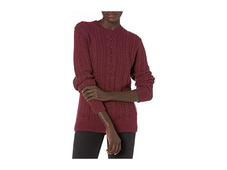 Amazon Essentials Women's Soft Fisherman Cable Long-Sleeve Crewneck Sweater (Available in Plus Size), Dark Burgundy, Small