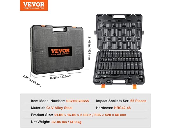 VEVOR 1/2" Drive Impact 65 Piece Socket Set SAE & Metric