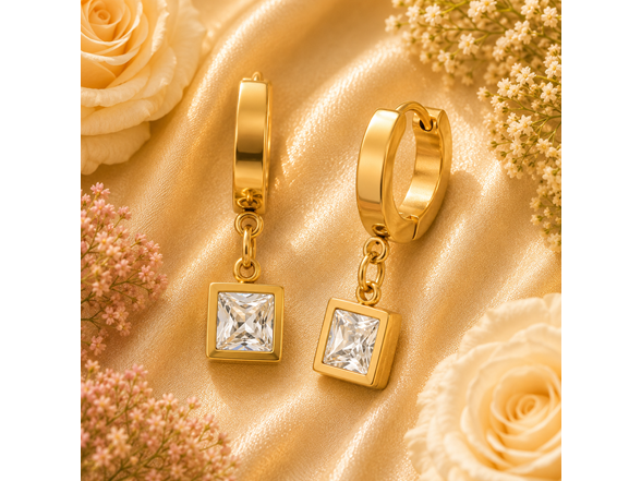 18K Gold Clear Square Stone Huggies