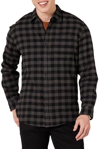Amazon Essentials Men's Long-Sleeve Flannel Shirt (Available in Big & Tall), Charcoal Buffalo Plaid, X-Small