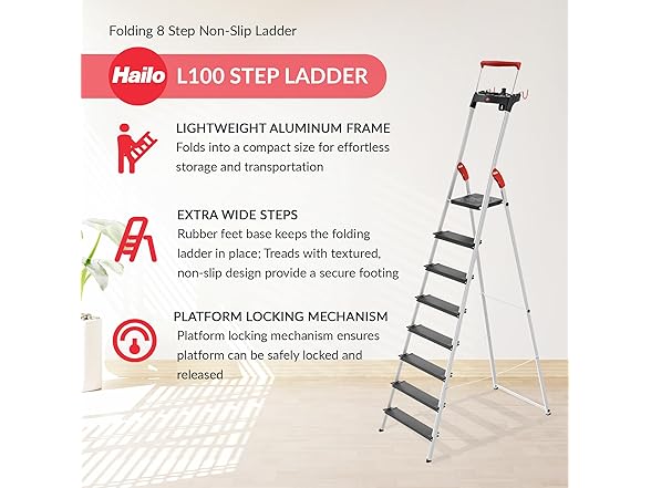 Hailo Folding L100 Step Ladder, Non-Slip, 8 Step
