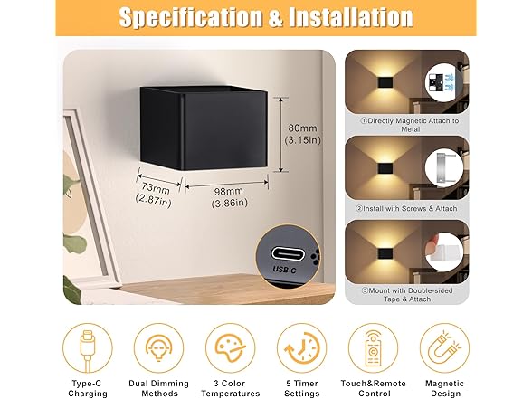 Yochoice Motion Sensor Wall Sconces, Black, 2PK