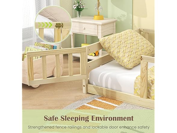 Giantex Twin Floor Bed with Door & Fence, Kids Wood Montesso (Open Box)