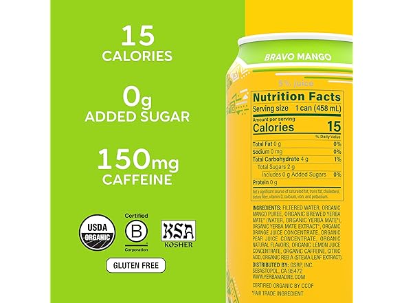 12PK Yerba Madre Organic Yerba Mate, Bravo Mango