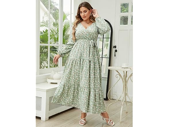 KOJOOIN Wrap Maxi Dress Green Flower (XL)