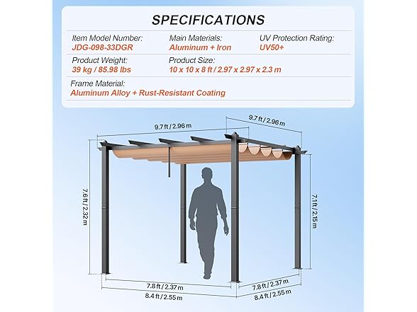 VEVOR 10'x10' Outdoor Retractable Pergola with Canopy