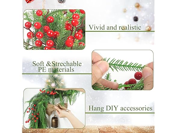 TISEMENT Norfolk Pine Cypress Garlands with Red Berries, 6Ft