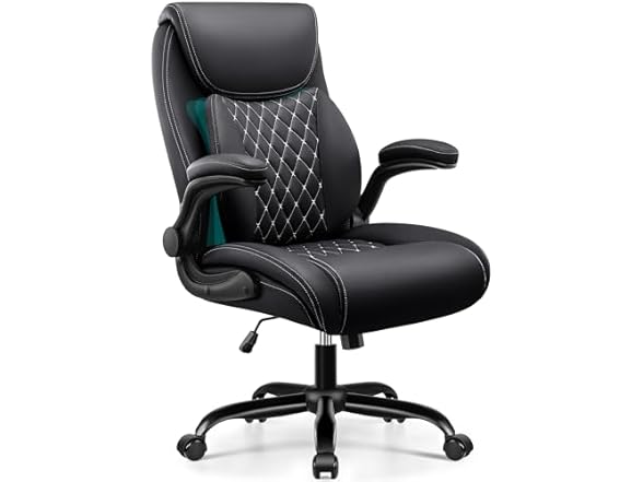 BESTFAIR Office Chair, Ergonomic Computer Desk Chairs with Lumbar Support for Lower Back Pain Relief, Executive Leather Home Chair Comfy with Padded Flip-up Armrests, Black (Open Box)