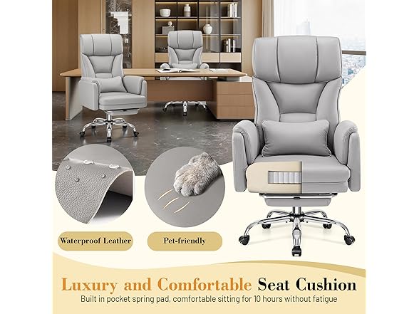 Big and Tall Office Chair, 400LBS Wide Leather Gaming Chair, High Back Executive Chair, Reversible Armrest for Pets 135° Reclining Cross Legged Desk Chair with Lumbar Support Footrest(Silver Gray) (Open Box)