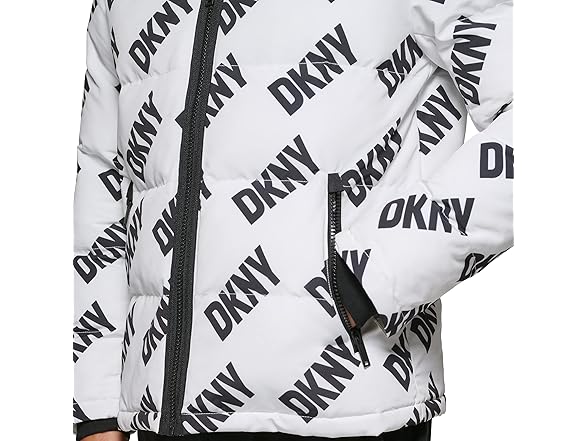 DKNY Mens Shawn Quilted Mixed Media Hooded Puffer Jacket (S)