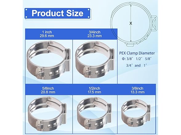 100 Pcs 1/2'' & 50Pcs 1'' Pex Cinch Clamp Ring