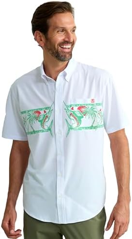 HUK Men's Standard Short Sleeve Fishing Button Down Shirt, Kona Graphic-White, Small