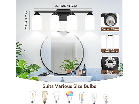 4-Light Bathroom Light Fixtures, 27" Modern Vanity Lights