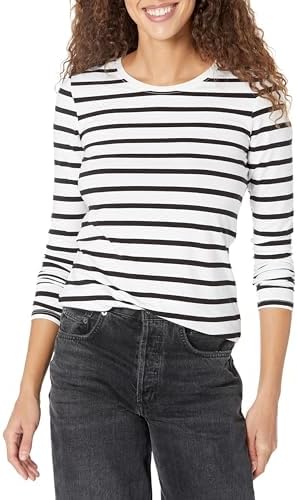 Amazon Essentials Women's Regular-Fit Long-Sleeve Crewneck T-Shirt (Available in Plus Size), Black/White Stripe, Large