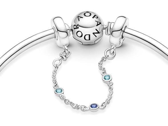 PANDORA Triple Blue Stone Safety Chain Bracelet Charm Moments Bracelets - Stunning Women's Jewelry - Gift for Women - Made with Sterling Silver & Man-Made Crystal, No Box (Open Box)