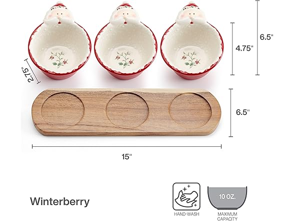 Pfaltzgraff Winterberry Santa Dip Bowls with Wood Base, Set Of 3