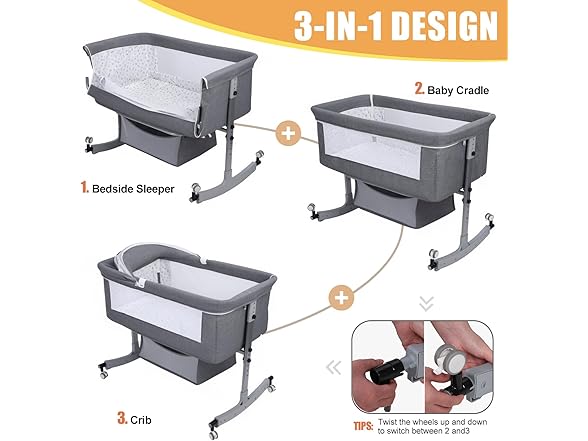 2-in-1 Baby Bassinet Bedside Crib