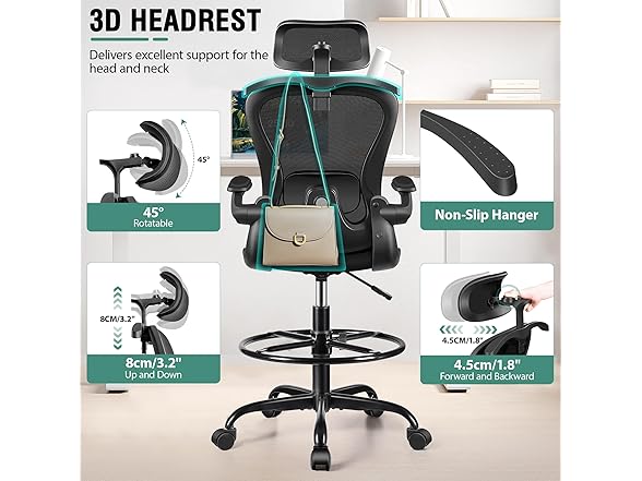 Drafting Chair, Tall Office Chair with 3D Lumbar & Head Support, Ergonomic Mesh Standing Desk Chair with Footring, Comfy Extended High Desk Chair with Flip-Up Arms & Hanger,Black (Open Box)