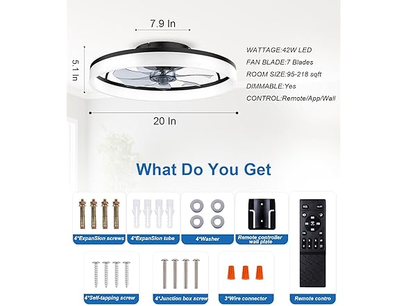AQUBT 20" Modern Low Profile Ceiling Fan