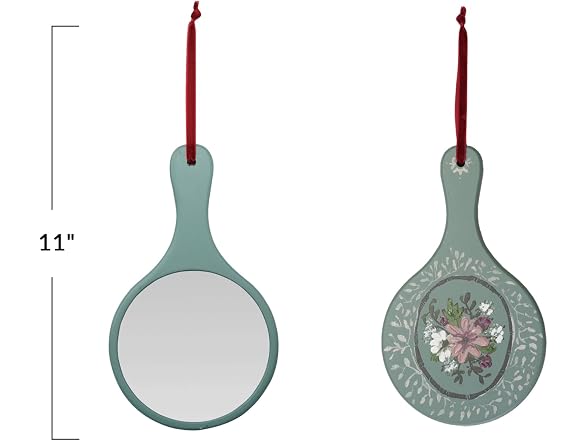 Creative CoOp Wood Hand Mirror Flowers Ribbon