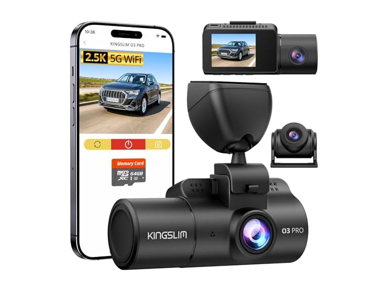 (NEW) Kingslim 3-Ch 5G Dash Cam with 64GB Card