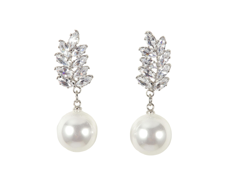 S/S Silver Tone Drop Earrings with Cubic Zirconia and Pearl